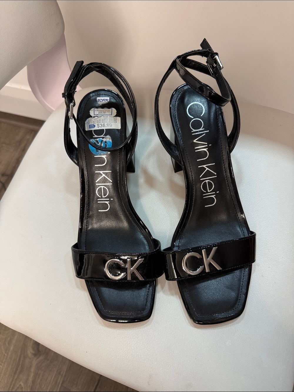 Calvin Klein Black Patent Logo Ankle-Strap Heels